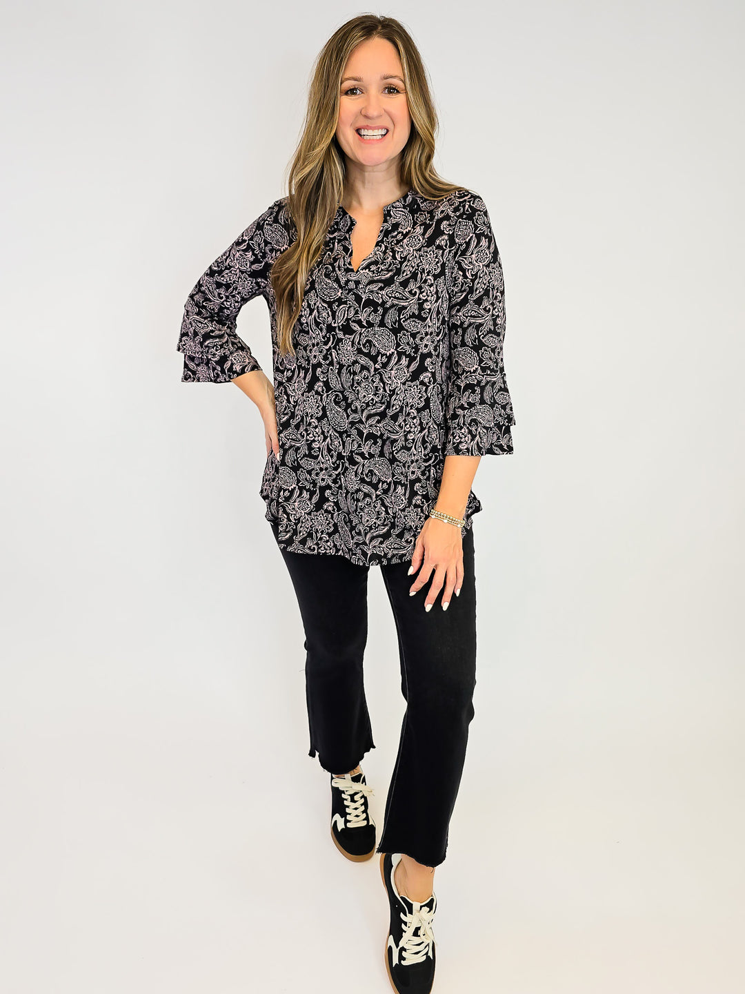 DEAR SCARLETT BELL SLEEVE LIZZY TOP - BLACK PAISLEY