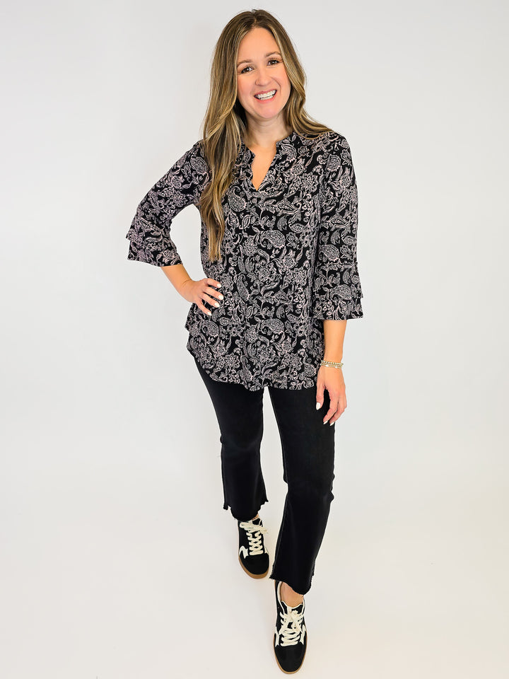 DEAR SCARLETT BELL SLEEVE LIZZY TOP - BLACK PAISLEY