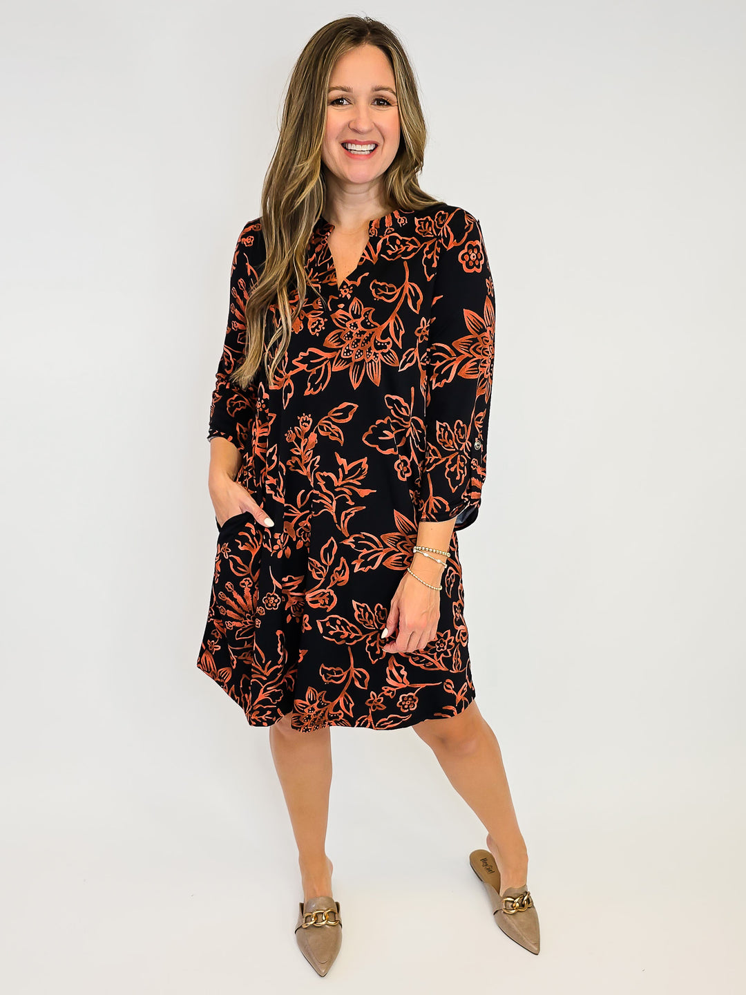 DEAR SCARLETT 3/4 SLEEVE LIZZY DRESS - FLORAL RUST/BLACK