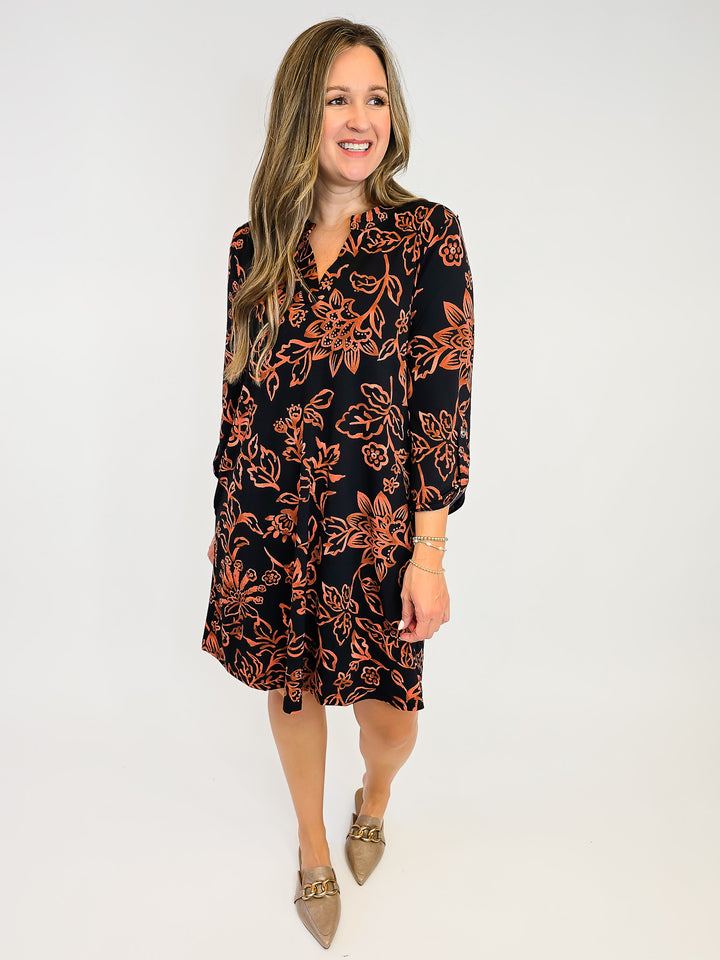DEAR SCARLETT 3/4 SLEEVE LIZZY DRESS - FLORAL RUST/BLACK