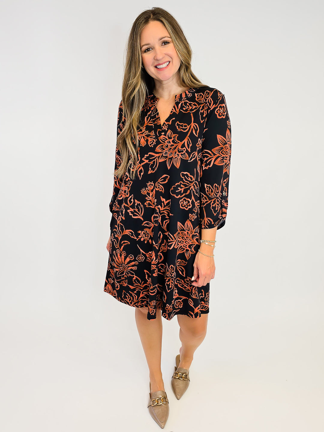 DEAR SCARLETT 3/4 SLEEVE LIZZY DRESS - FLORAL RUST/BLACK