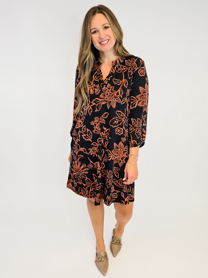 DEAR SCARLETT 3/4 SLEEVE LIZZY DRESS - FLORAL RUST/BLACK