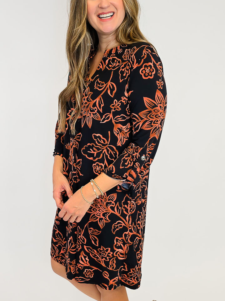 DEAR SCARLETT 3/4 SLEEVE LIZZY DRESS - FLORAL RUST/BLACK