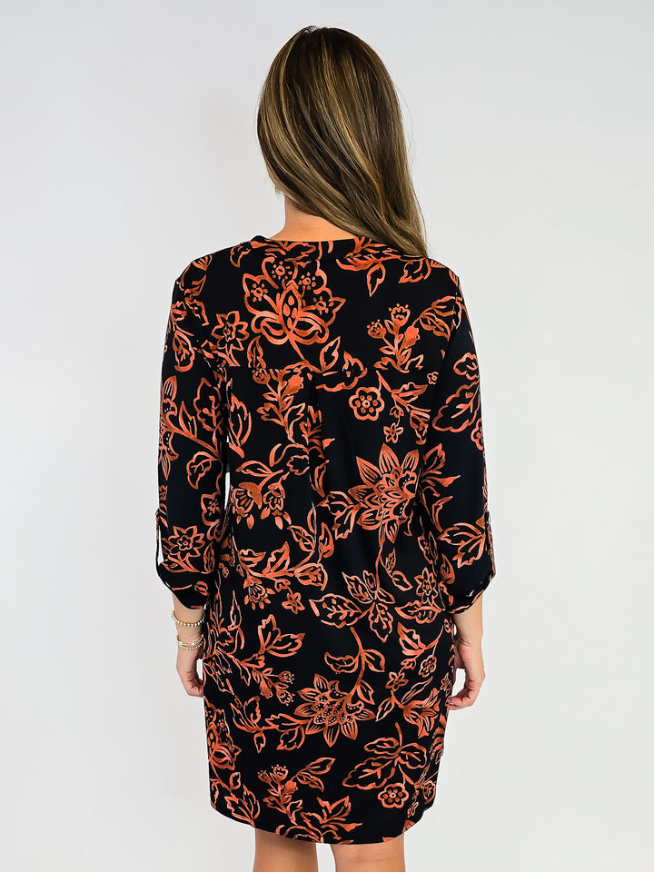 DEAR SCARLETT 3/4 SLEEVE LIZZY DRESS - FLORAL RUST/BLACK