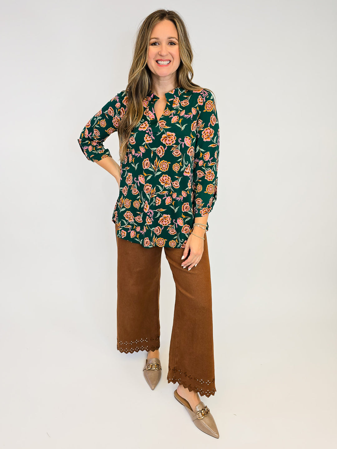 DEAR SCARLETT LIZZY 3/4 SLEEVE TOP - HUNTER GREEN FLORAL