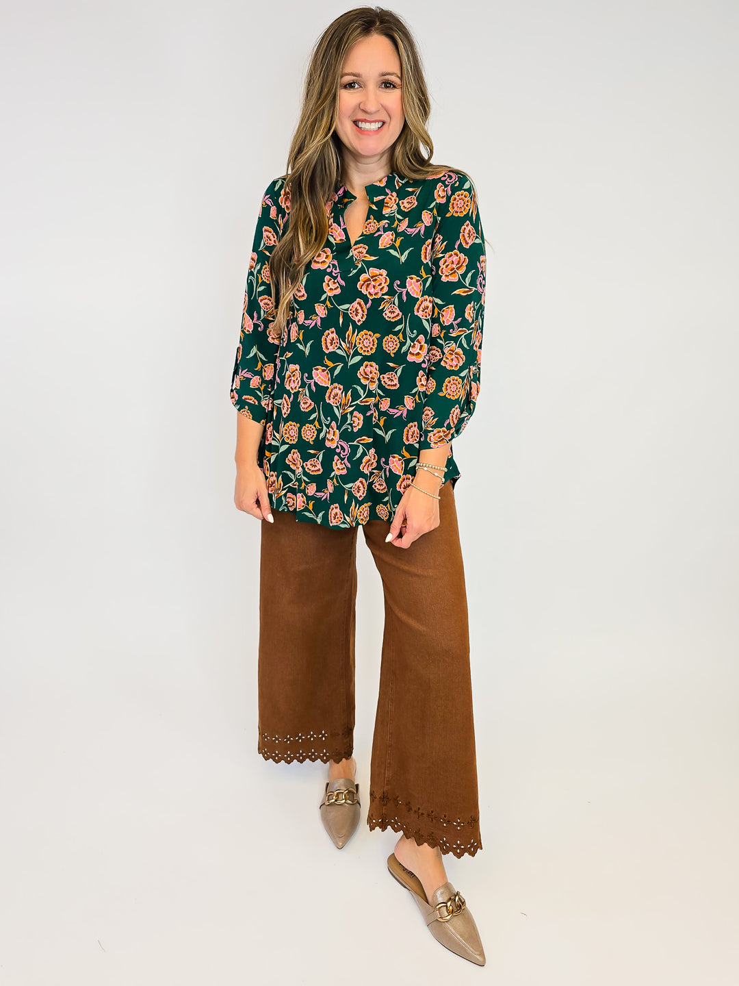 DEAR SCARLETT LIZZY 3/4 SLEEVE TOP - HUNTER GREEN FLORAL
