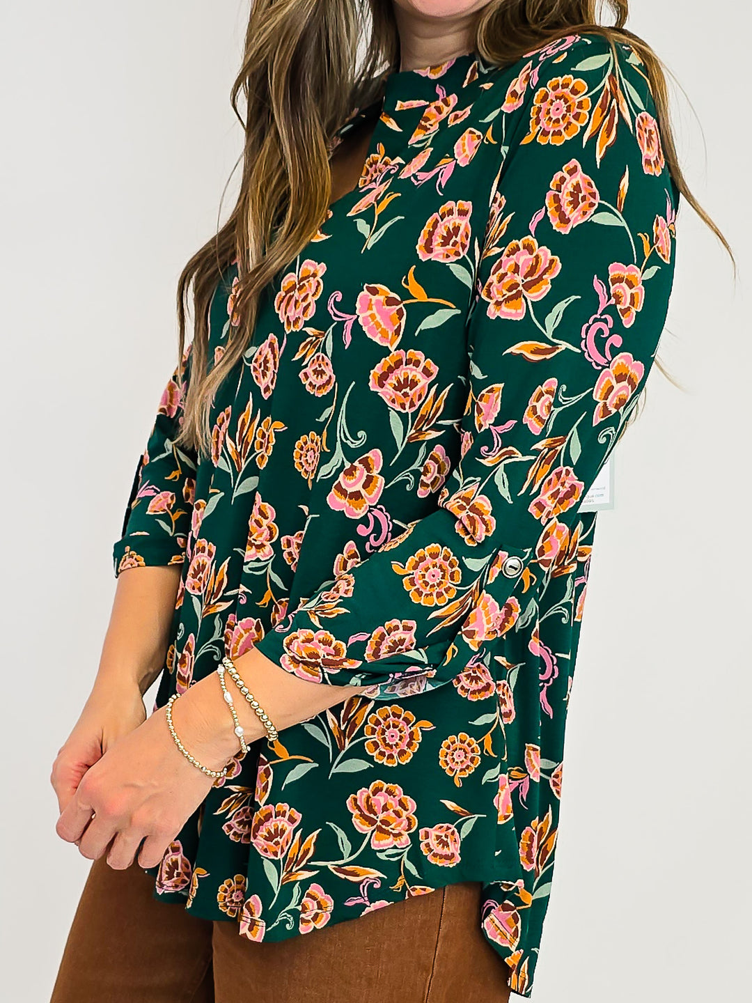 DEAR SCARLETT LIZZY 3/4 SLEEVE TOP - HUNTER GREEN FLORAL