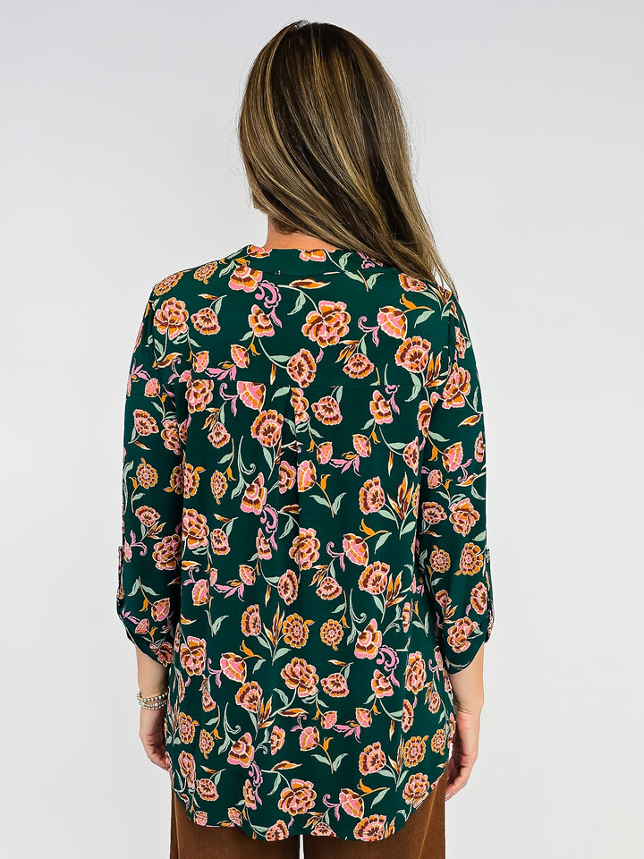 DEAR SCARLETT LIZZY 3/4 SLEEVE TOP - HUNTER GREEN FLORAL