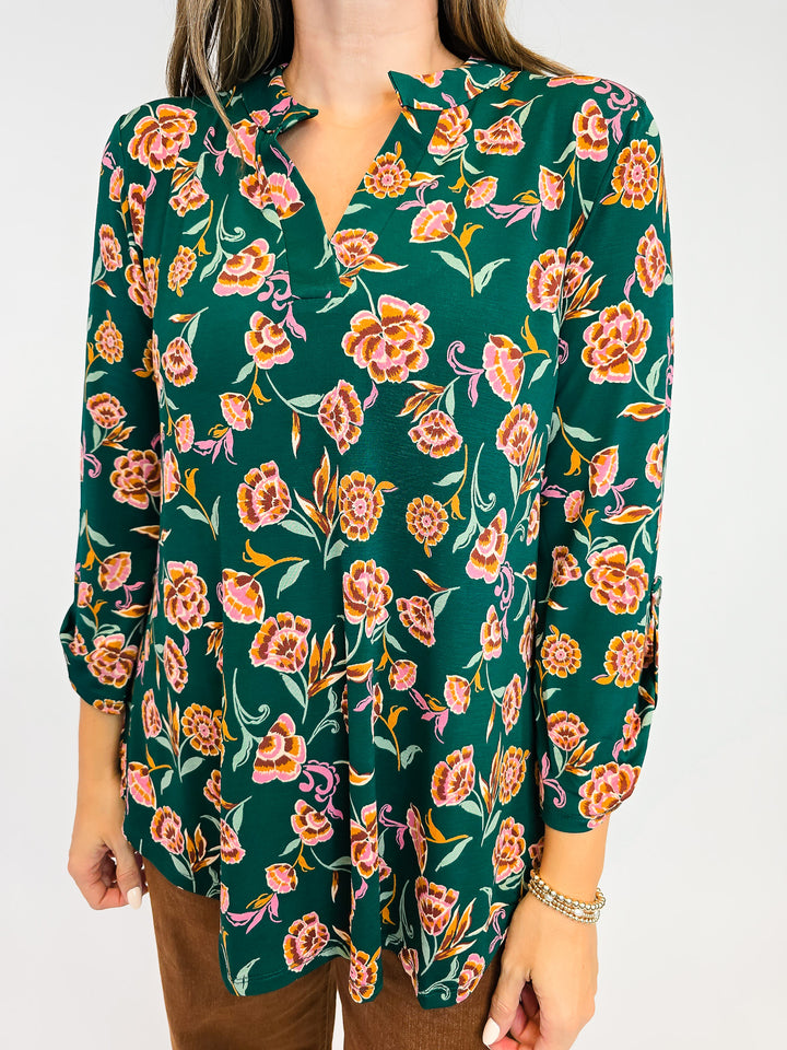 DEAR SCARLETT LIZZY 3/4 SLEEVE TOP - HUNTER GREEN FLORAL