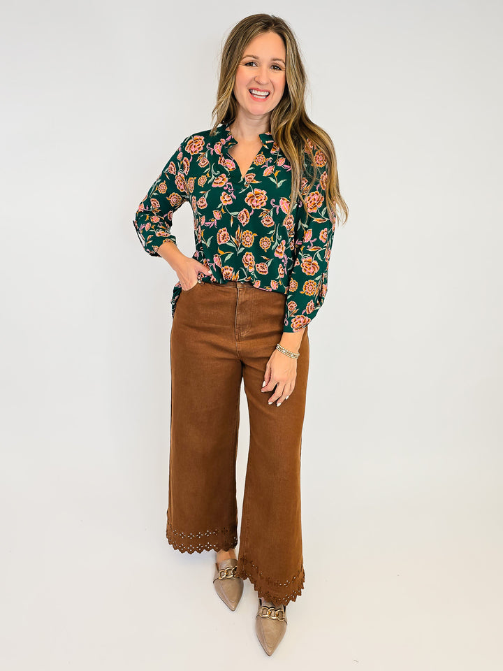 DEAR SCARLETT LIZZY 3/4 SLEEVE TOP - HUNTER GREEN FLORAL