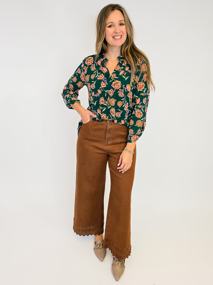 DEAR SCARLETT LIZZY 3/4 SLEEVE TOP - HUNTER GREEN FLORAL