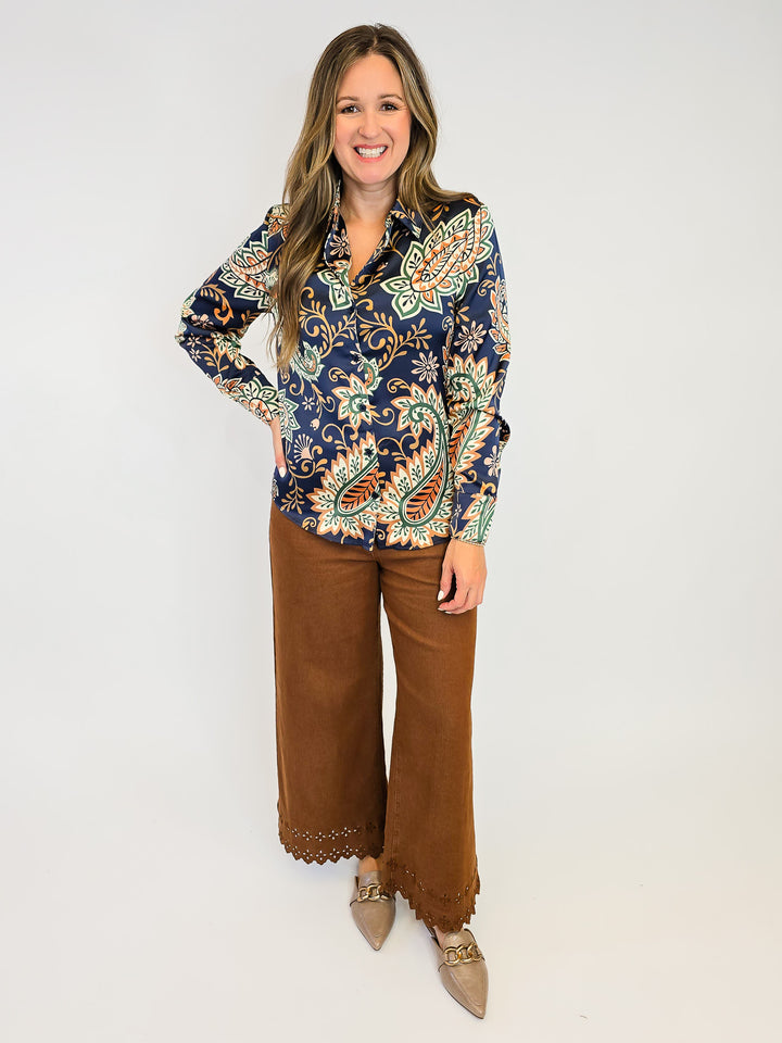 PAISLEY PRINT SILKY BUTTON DOWN BLOUSE - MIDNIGHT BLOOM