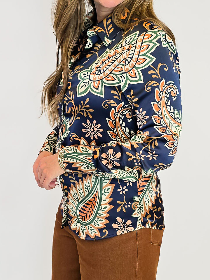 PAISLEY PRINT SILKY BUTTON DOWN BLOUSE - MIDNIGHT BLOOM