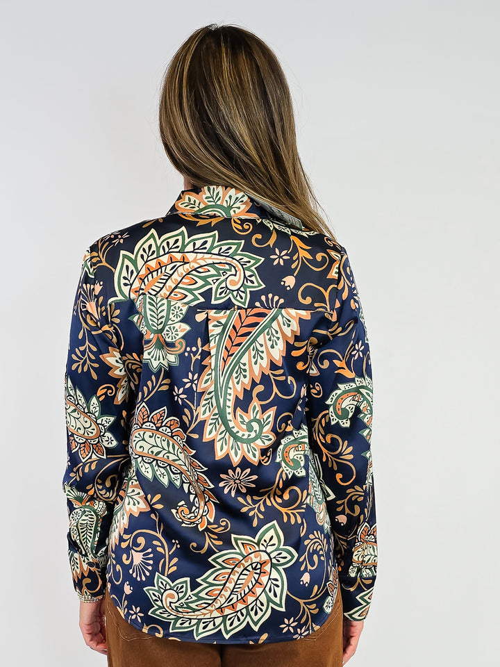 PAISLEY PRINT SILKY BUTTON DOWN BLOUSE - MIDNIGHT BLOOM