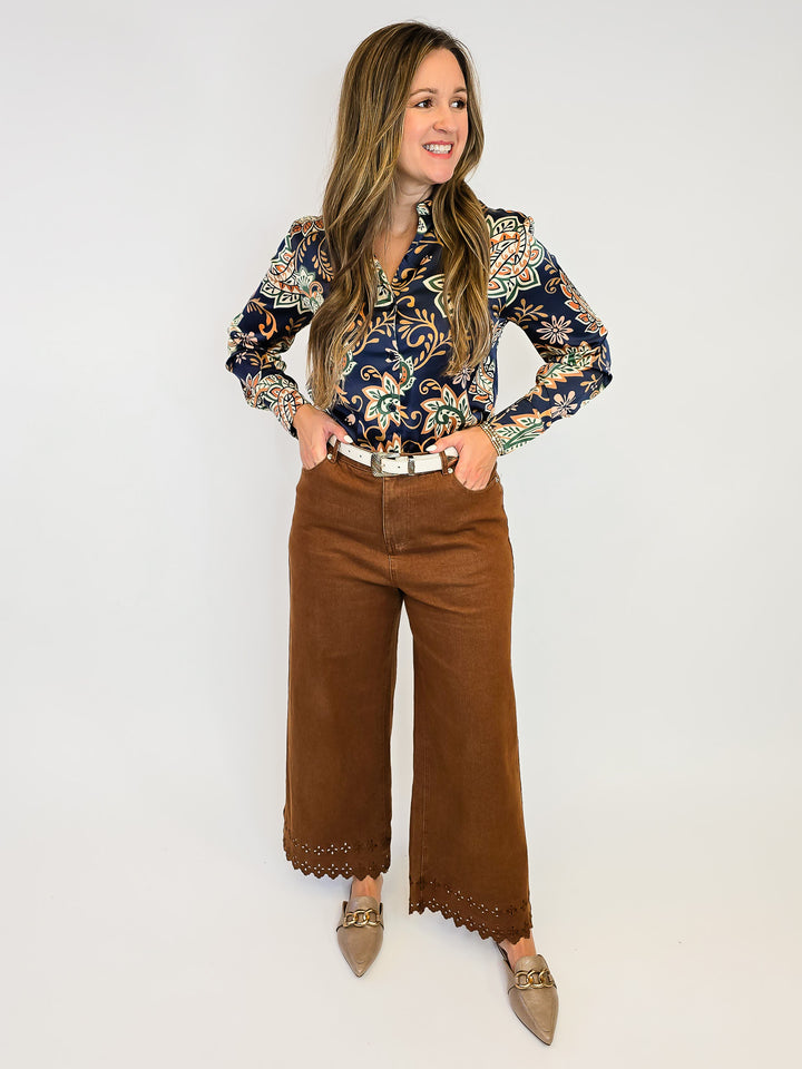 PAISLEY PRINT SILKY BUTTON DOWN BLOUSE - MIDNIGHT BLOOM