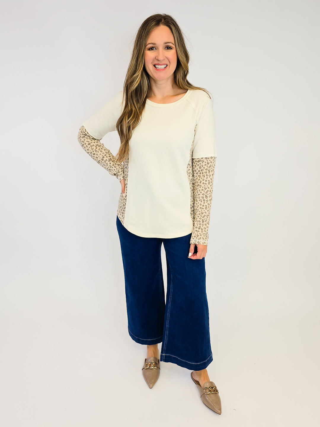 LONG SLEEVE ANIMAL PRINT CONTRAST TOP - CREAM