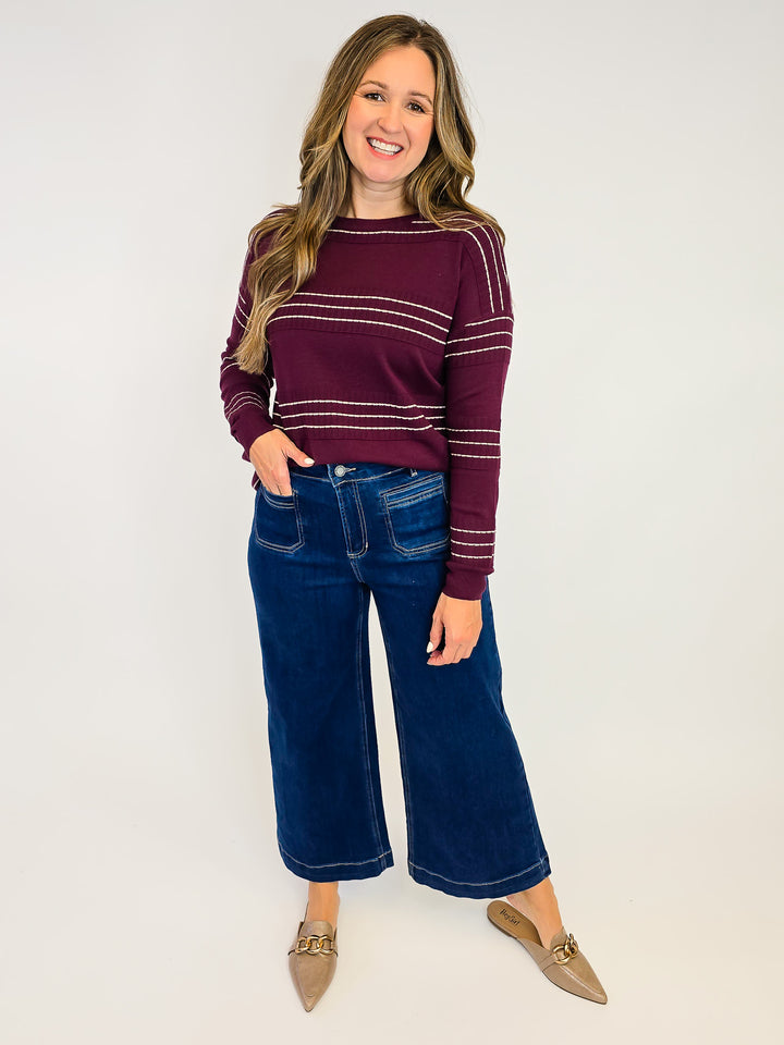 STITCH STRIPED LONG SLEEVE PULLOVER SWEATER - DARK PLUM