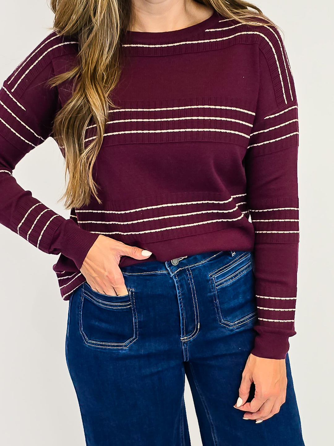 STITCH STRIPED LONG SLEEVE PULLOVER SWEATER - DARK PLUM