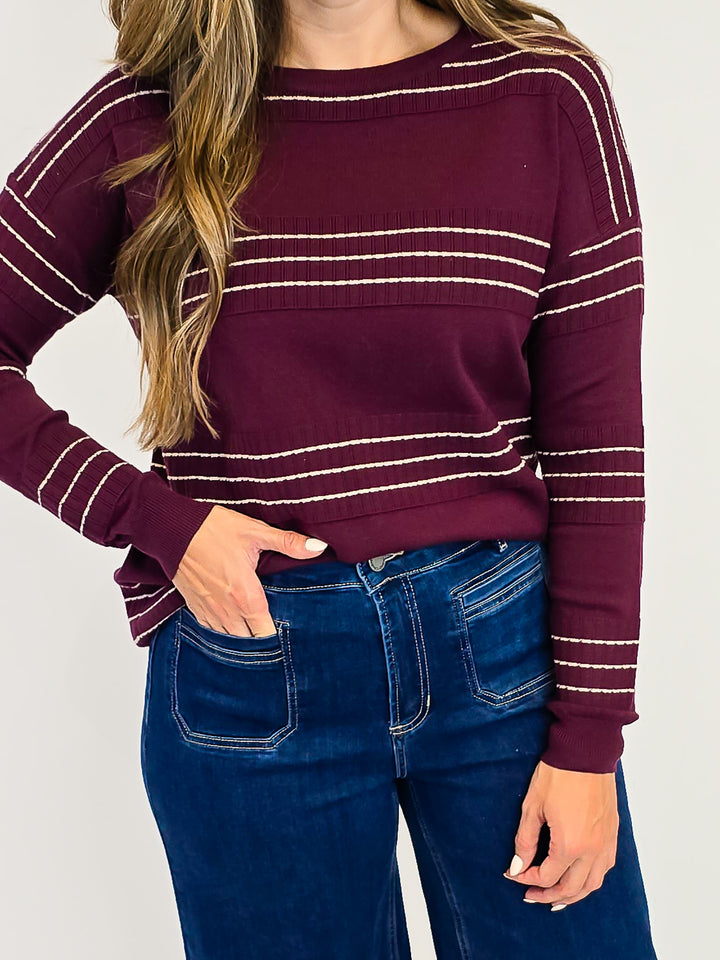 STITCH STRIPED LONG SLEEVE PULLOVER SWEATER - DARK PLUM