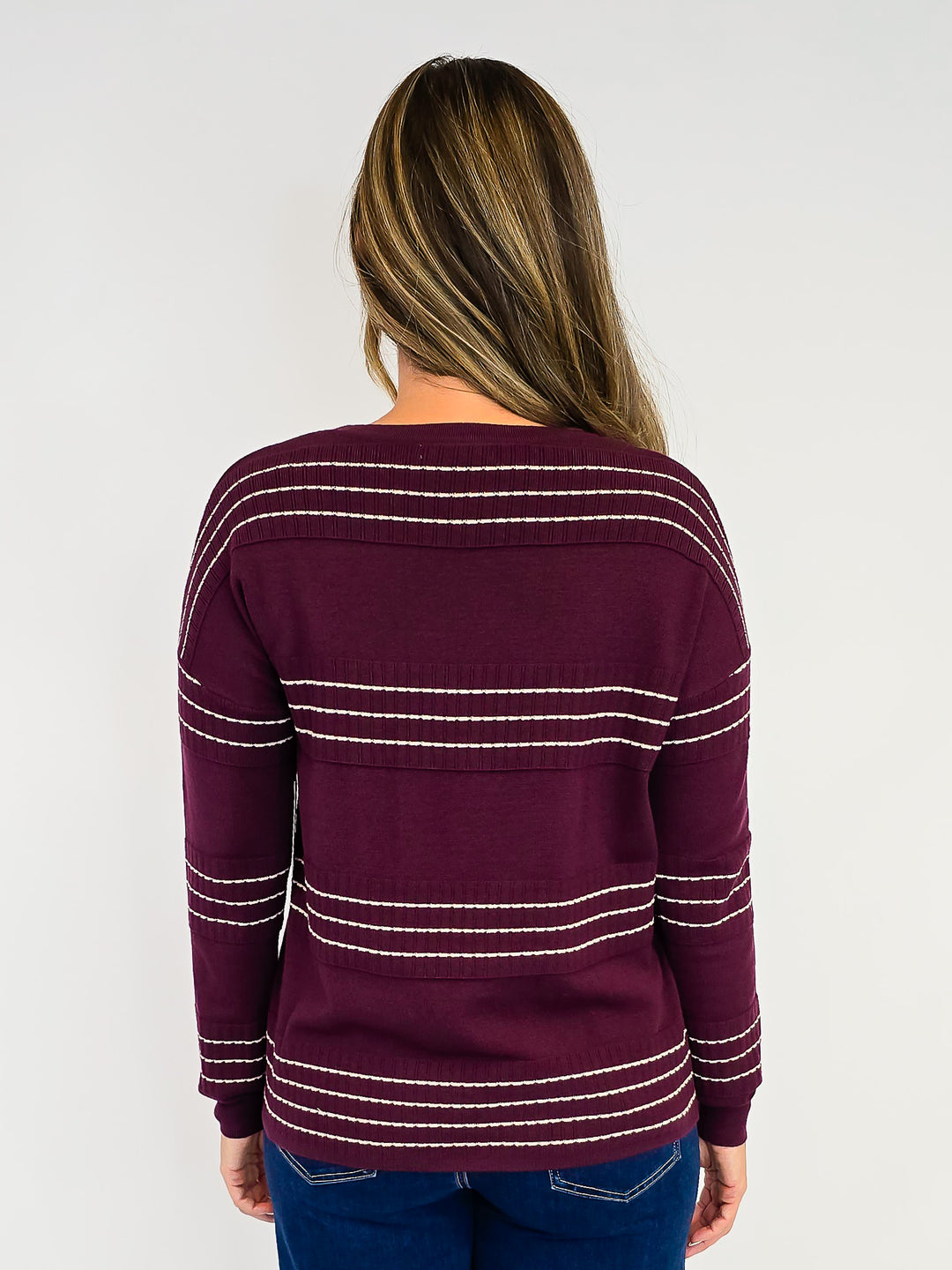 STITCH STRIPED LONG SLEEVE PULLOVER SWEATER - DARK PLUM