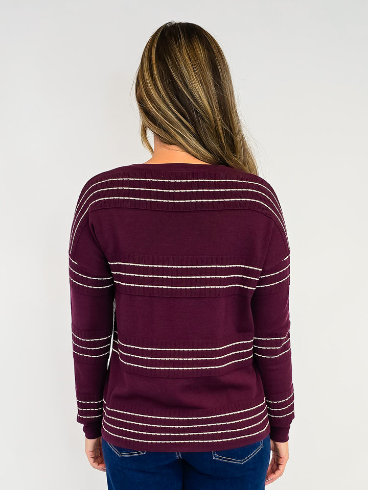 STITCH STRIPED LONG SLEEVE PULLOVER SWEATER - DARK PLUM