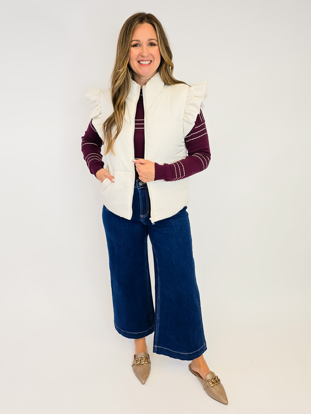 STITCH STRIPED LONG SLEEVE PULLOVER SWEATER - DARK PLUM