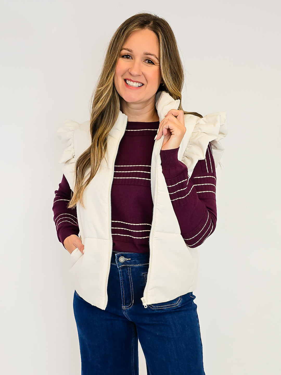 RUFFLED SLEEVE MOCK NECK ZIP-UP PUFFER VEST - IVORY