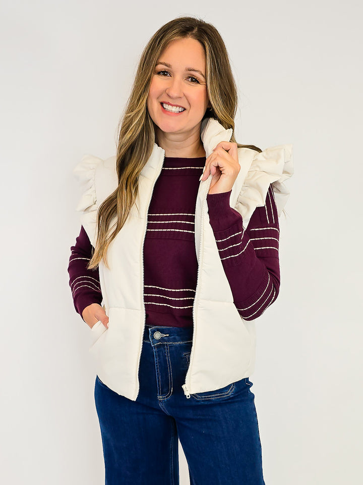RUFFLED SLEEVE MOCK NECK ZIP-UP PUFFER VEST - IVORY