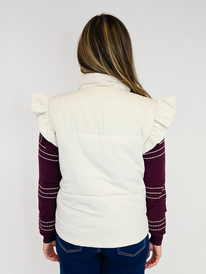 RUFFLED SLEEVE MOCK NECK ZIP-UP PUFFER VEST - IVORY