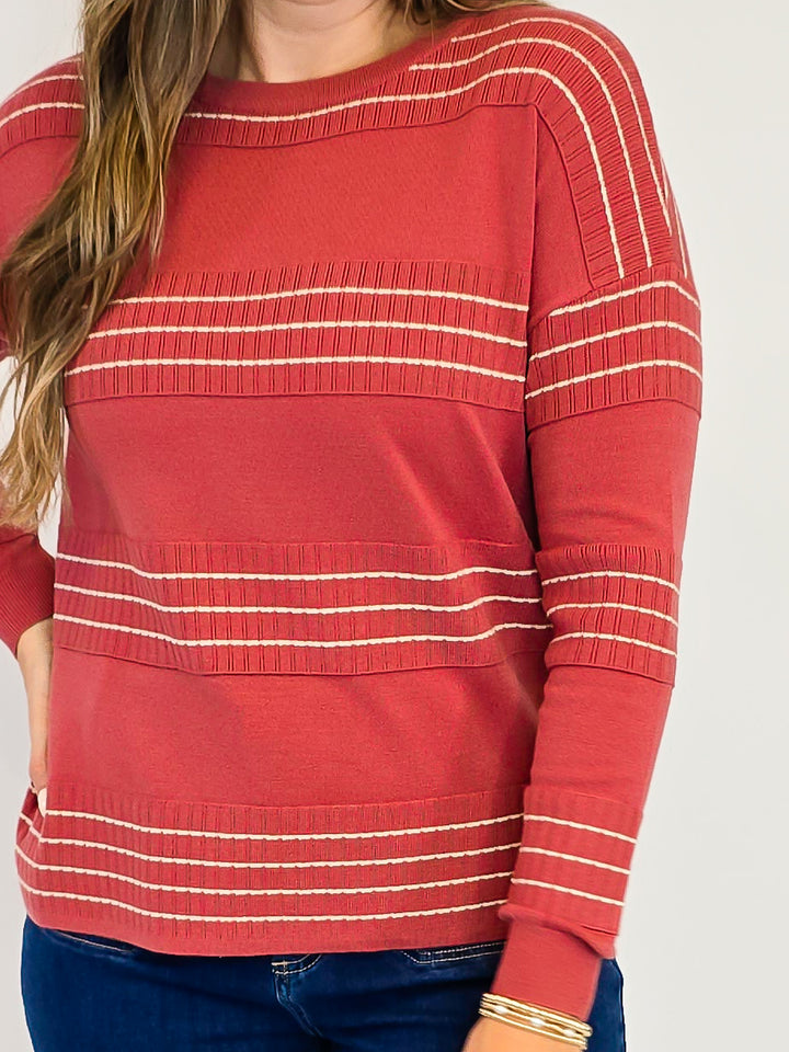 STITCH STRIPED LONG SLEEVE SWEATER - MARSALA
