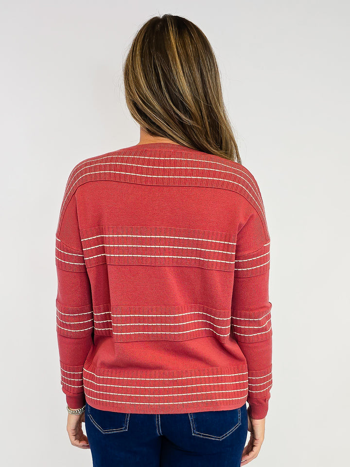 STITCH STRIPED LONG SLEEVE SWEATER - MARSALA