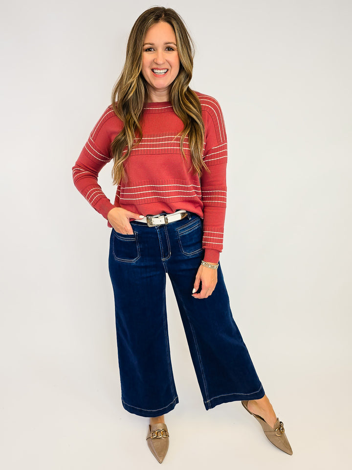 STITCH STRIPED LONG SLEEVE SWEATER - MARSALA