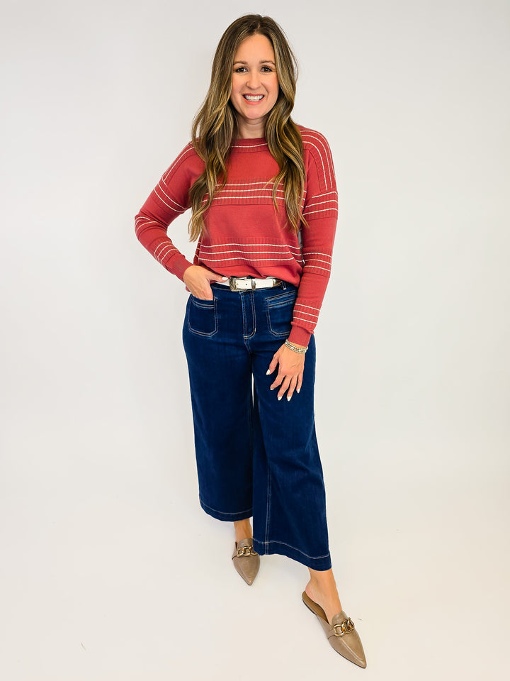 STITCH STRIPED LONG SLEEVE SWEATER - MARSALA
