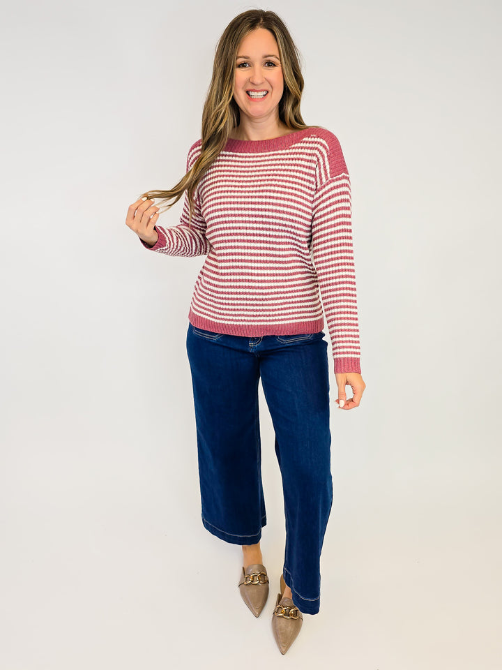 STRIPED BOAT NECK SWEATER - ROSE