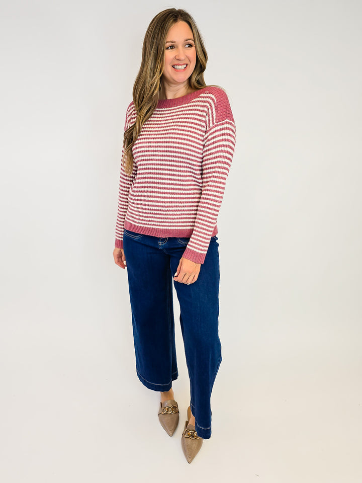 STRIPED BOAT NECK SWEATER - ROSE