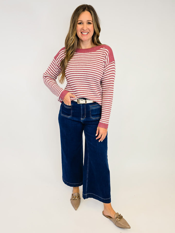 STRIPED BOAT NECK SWEATER - ROSE
