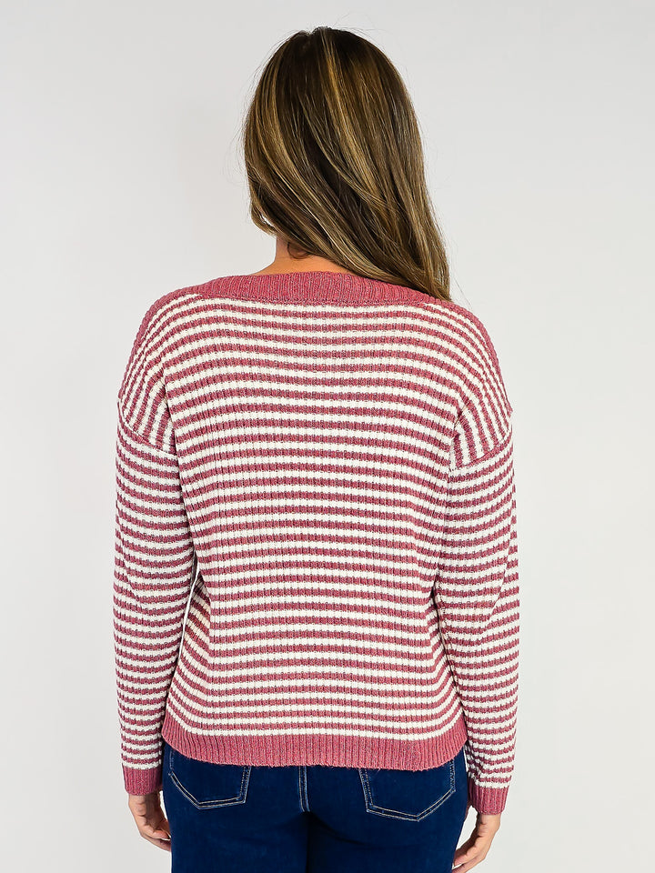 STRIPED BOAT NECK SWEATER - ROSE