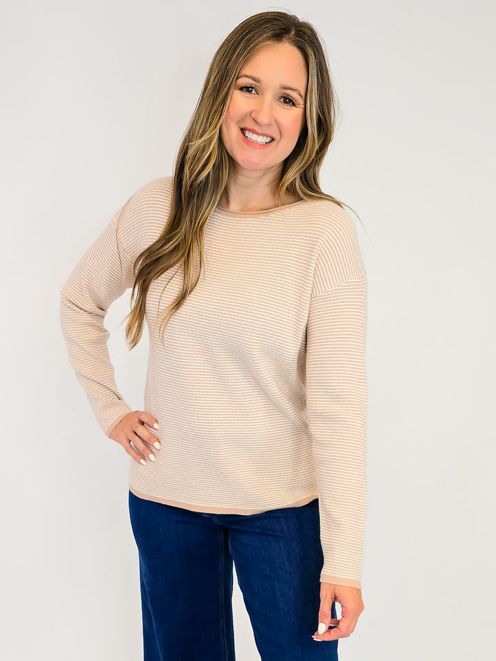 LONG SLEEVE WAFFLE TEXTURED PINSTRIPED SWEATER - TAUPE