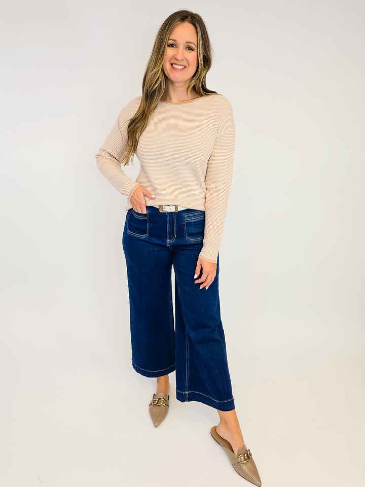 LONG SLEEVE WAFFLE TEXTURED PINSTRIPED SWEATER - TAUPE