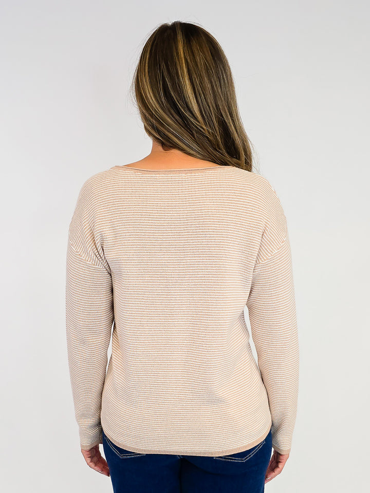 LONG SLEEVE WAFFLE TEXTURED PINSTRIPED SWEATER - TAUPE
