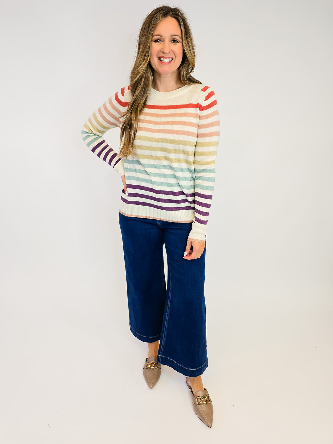 CREW NECK STRIPED SWEATER - RUST/TAUPE