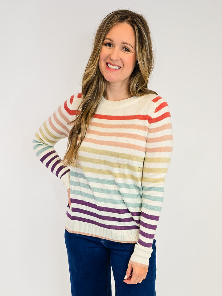 CREW NECK STRIPED SWEATER - RUST/TAUPE