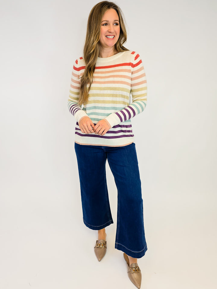 CREW NECK STRIPED SWEATER - RUST/TAUPE
