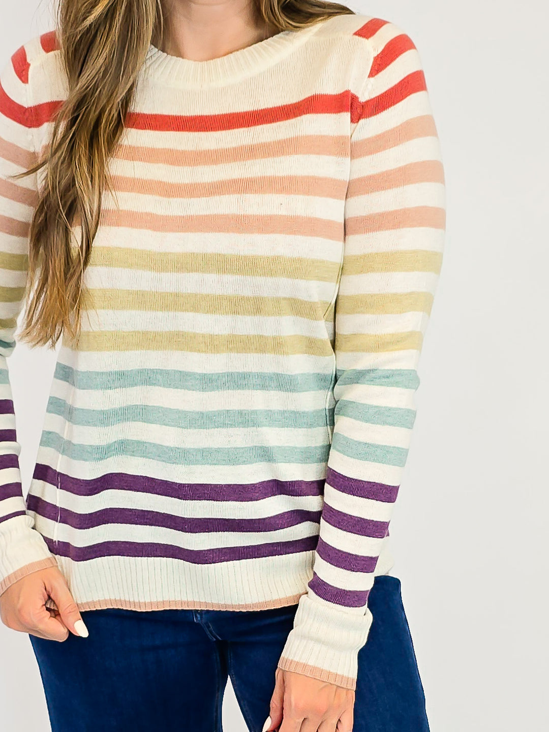 CREW NECK STRIPED SWEATER - RUST/TAUPE