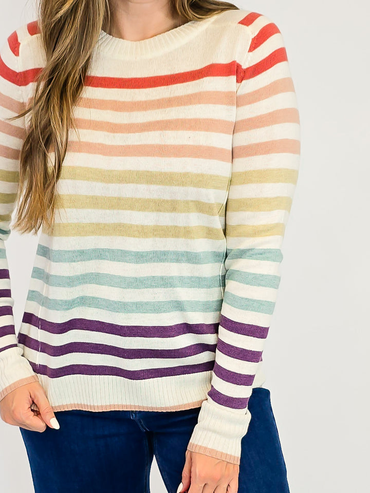 CREW NECK STRIPED SWEATER - RUST/TAUPE