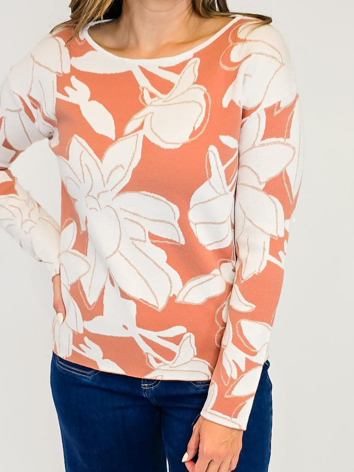 JACQUARD FLORAL SWEATER - DEEP CORAL