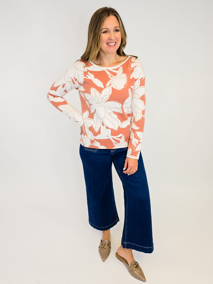 JACQUARD FLORAL SWEATER - DEEP CORAL