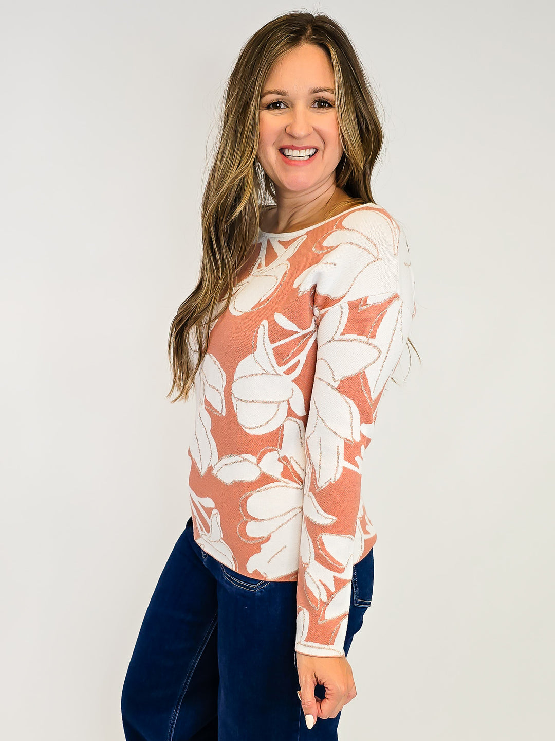 JACQUARD FLORAL SWEATER - DEEP CORAL