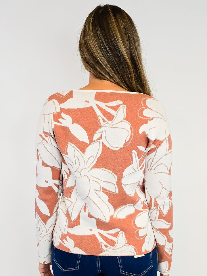 JACQUARD FLORAL SWEATER - DEEP CORAL