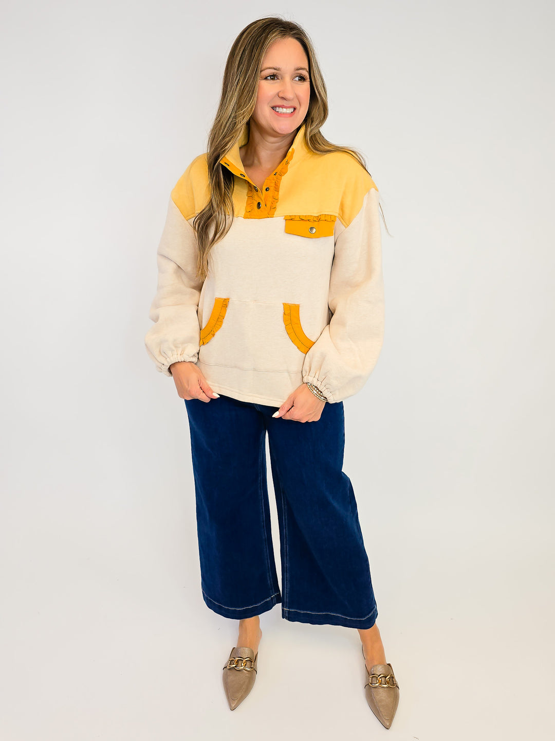 COLOR BLOCK QUARTER SNAP BUTTON SWEATSHIRT - OATMEAL
